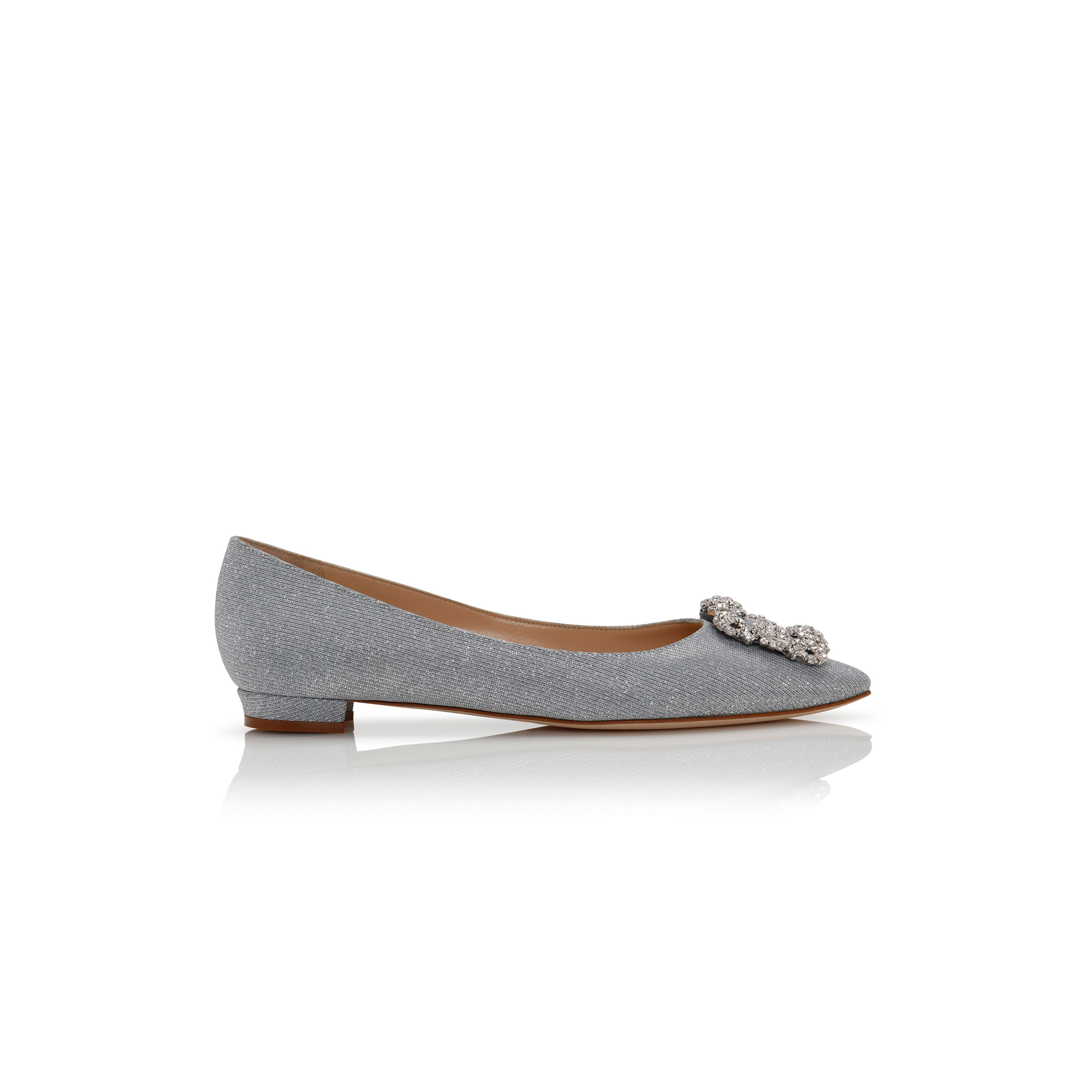 MANOLO BLAHNIK HANGISIFLAT GLITTER SILVER GLITTER FABRIC JEWEL BUCKLE FLAT PUMPS 9XX-0590-0013